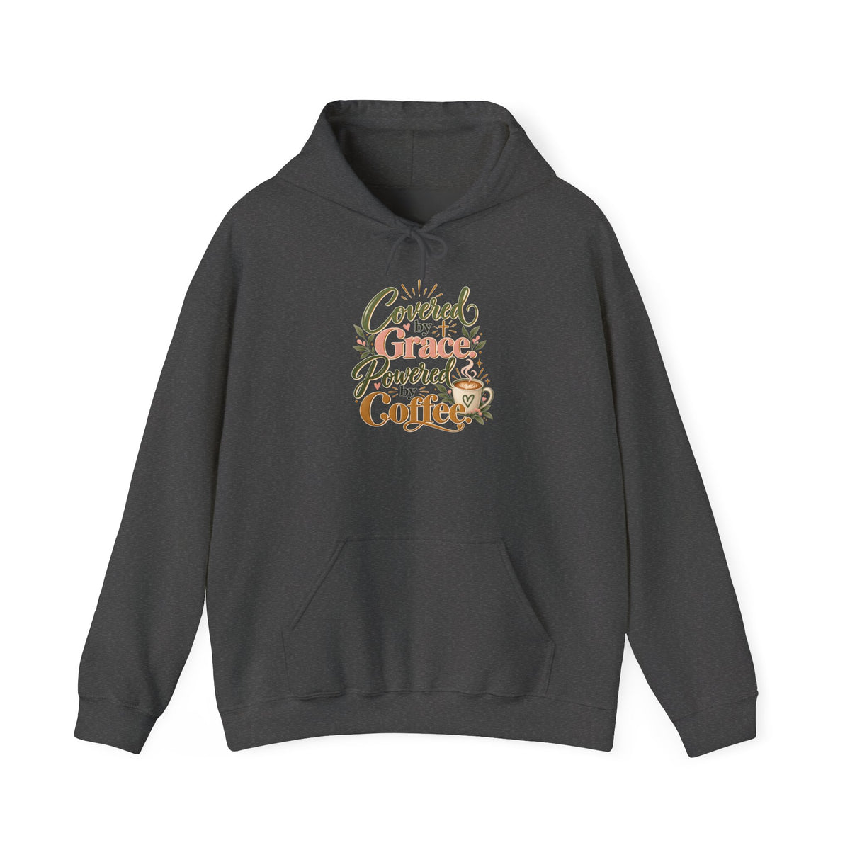 Hoodie — "Covered by Grace, Powered by Coffee" Christian Coffee Lover Sweatshirt