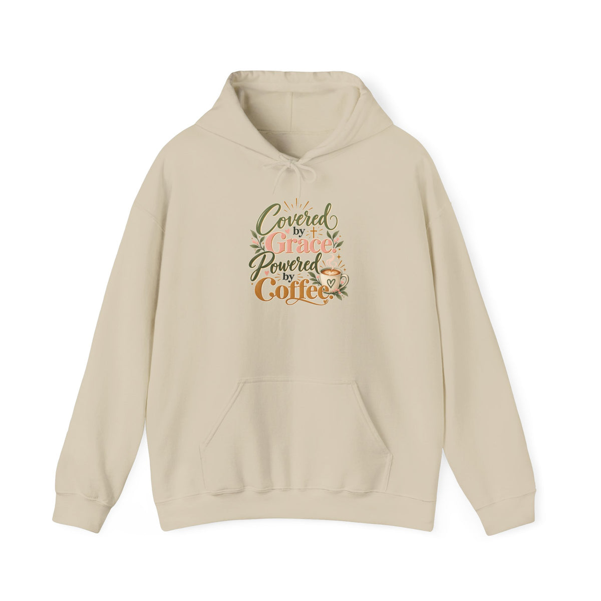 Hoodie — "Covered by Grace, Powered by Coffee" Christian Coffee Lover Sweatshirt
