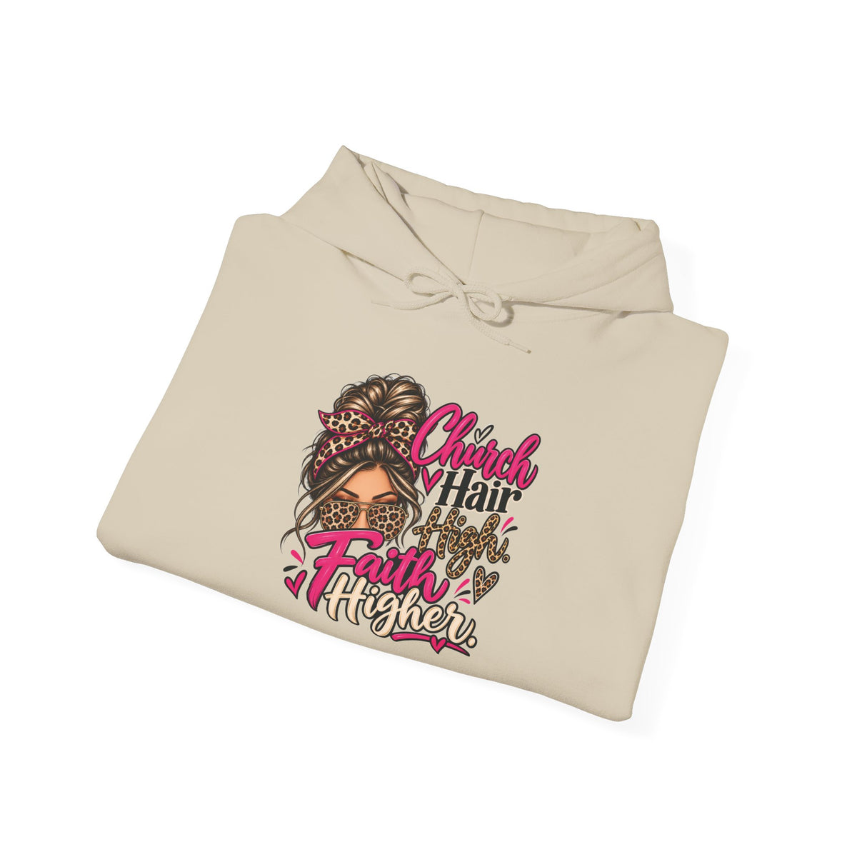 Faith Moves Mountains Hoodie — Messy Bun Girl Leopard Script Faith Apparel