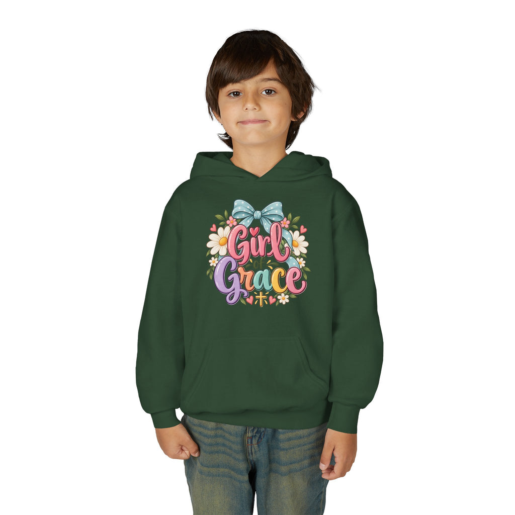 Girl of Grace Youth Hoodie — Floral Bow Christian Sweatshirt for Kids