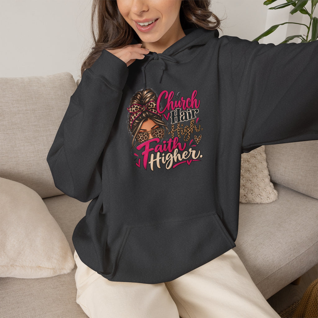 Faith Moves Mountains Hoodie — Messy Bun Girl Leopard Script Faith Apparel