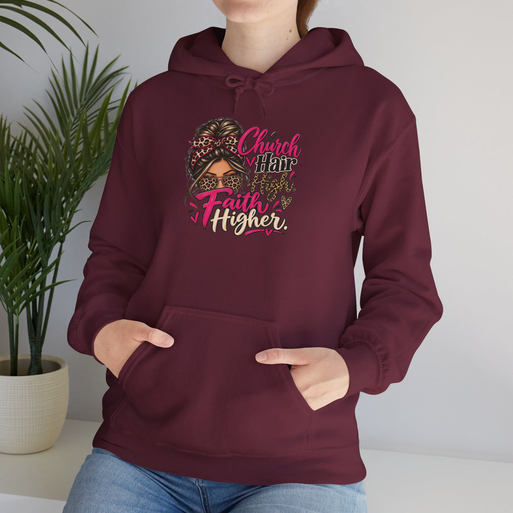 Faith Moves Mountains Hoodie — Messy Bun Girl Leopard Script Faith Apparel