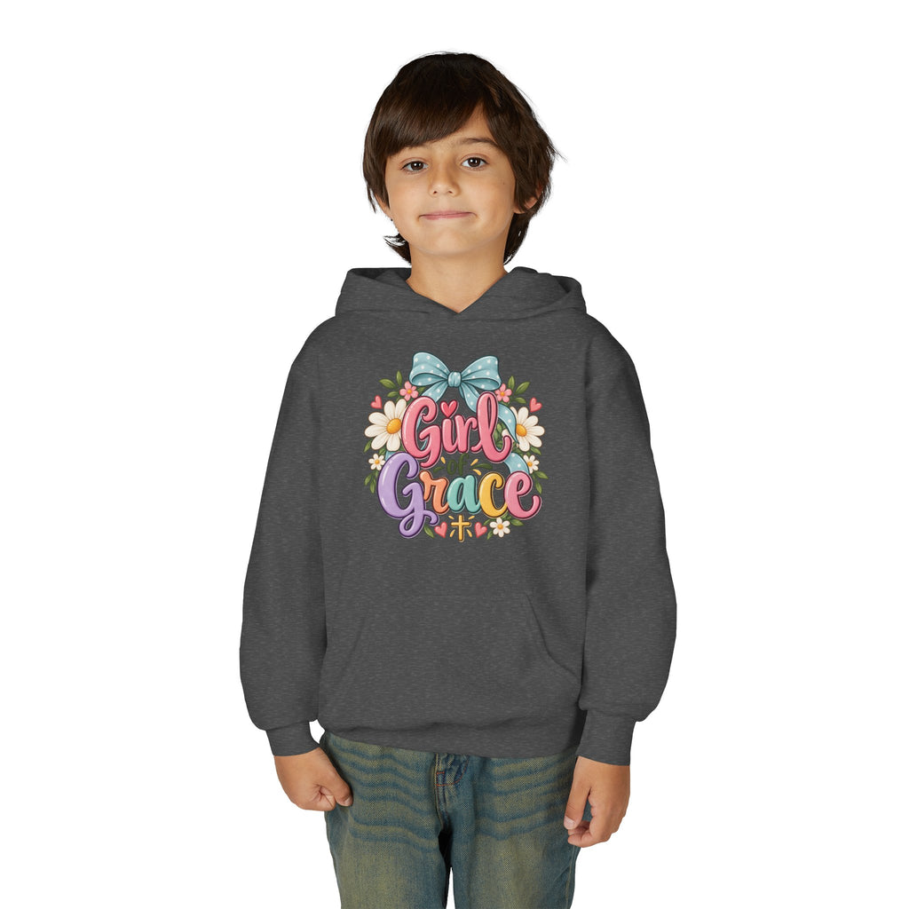 Girl of Grace Youth Hoodie — Floral Bow Christian Sweatshirt for Kids