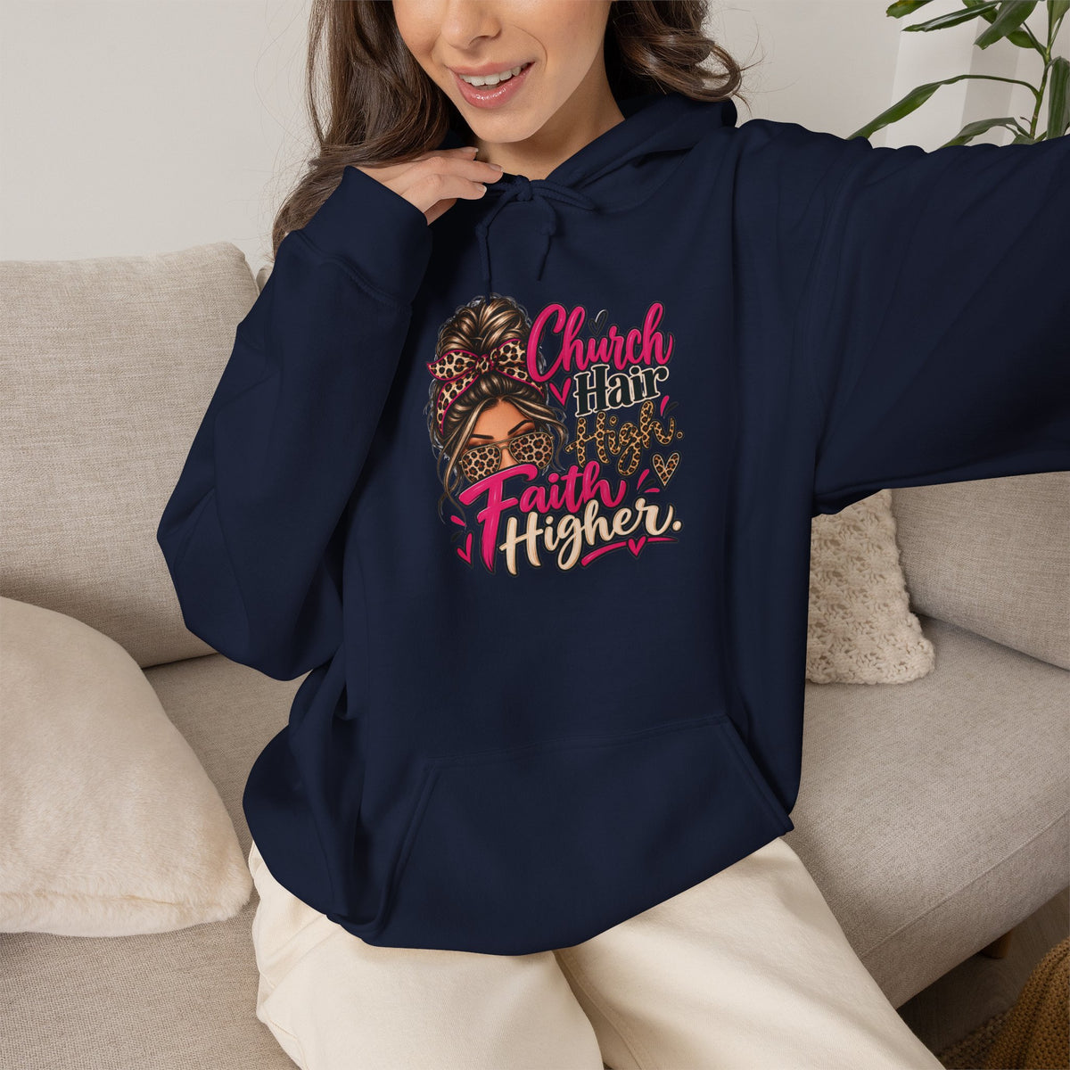 Faith Moves Mountains Hoodie — Messy Bun Girl Leopard Script Faith Apparel
