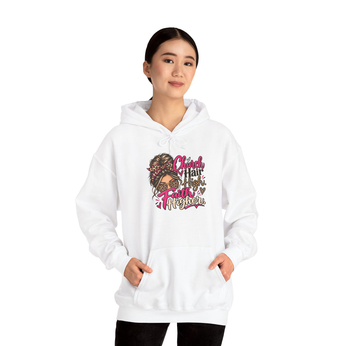Faith Moves Mountains Hoodie — Messy Bun Girl Leopard Script Faith Apparel