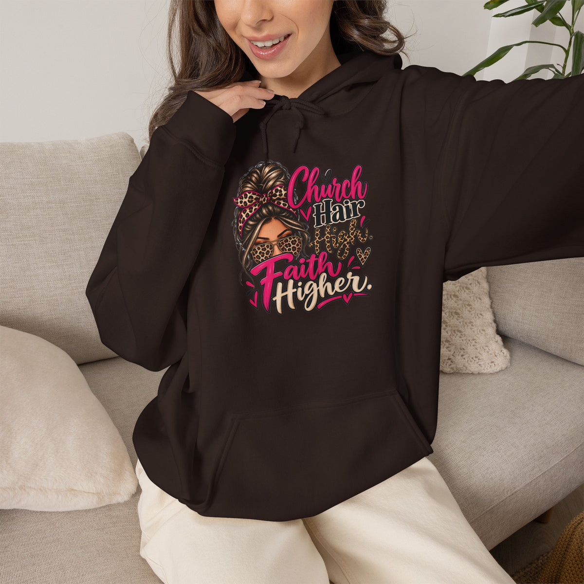 Faith Moves Mountains Hoodie — Messy Bun Girl Leopard Script Faith Apparel