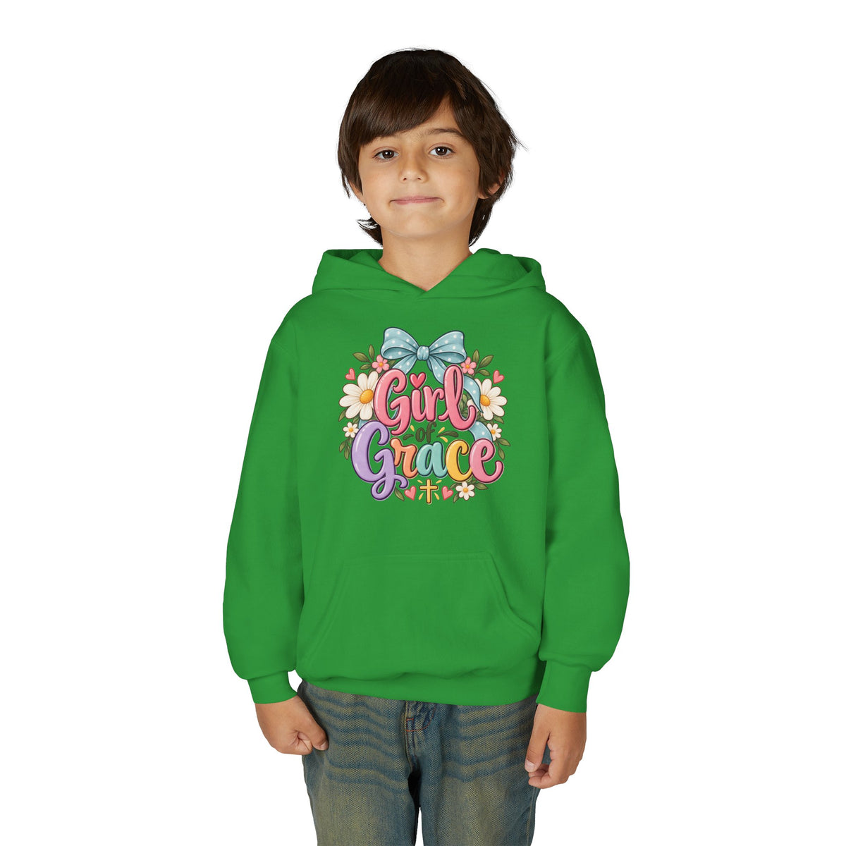 Girl of Grace Youth Hoodie — Floral Bow Christian Sweatshirt for Kids