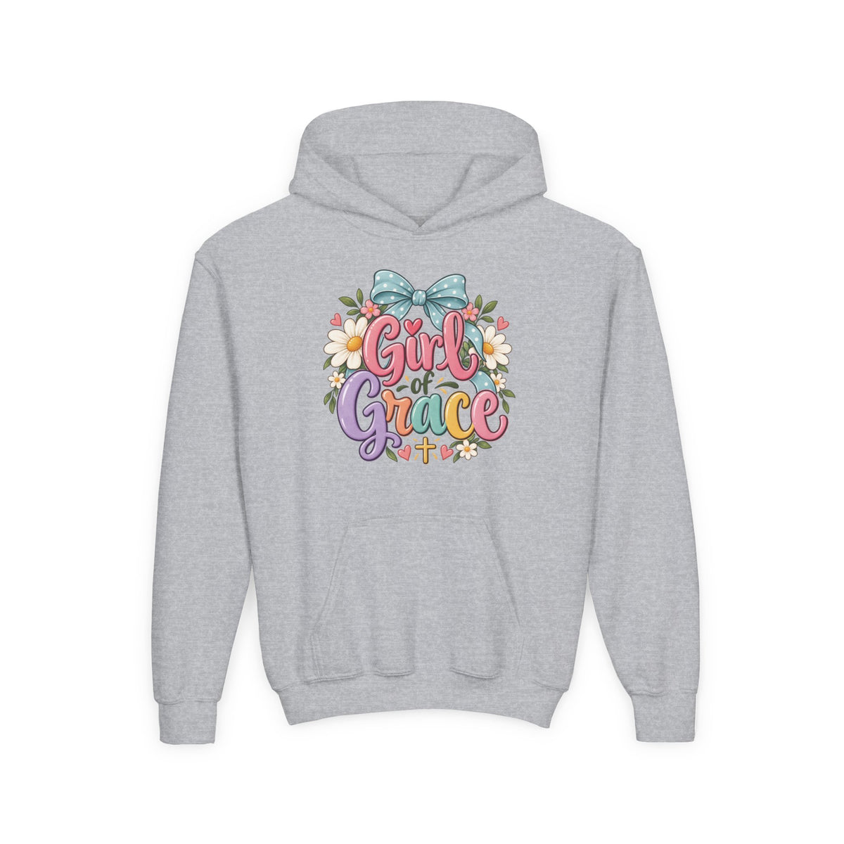Girl of Grace Youth Hoodie — Floral Bow Christian Sweatshirt for Kids