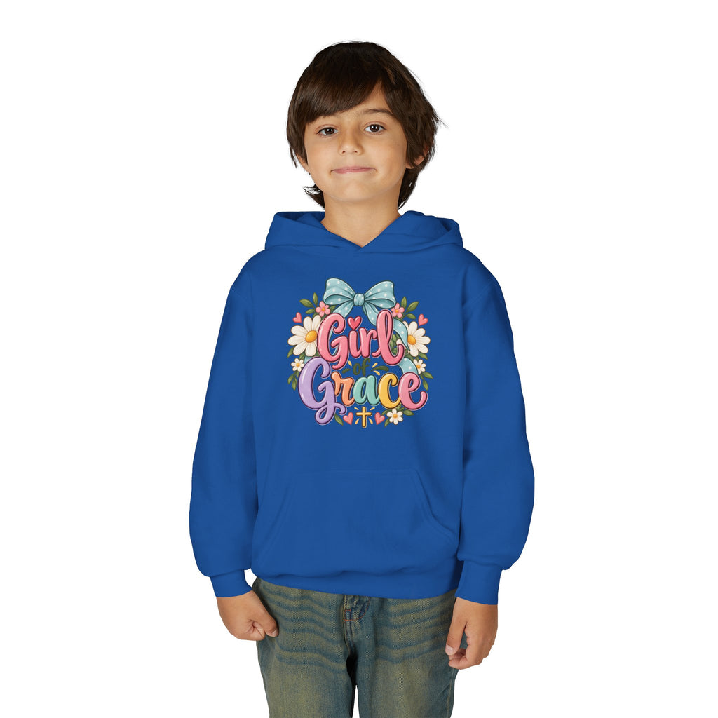 Girl of Grace Youth Hoodie — Floral Bow Christian Sweatshirt for Kids