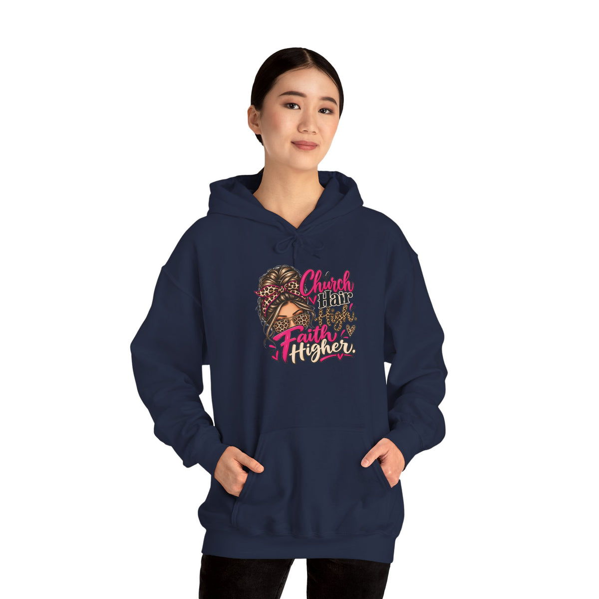 Faith Moves Mountains Hoodie — Messy Bun Girl Leopard Script Faith Apparel