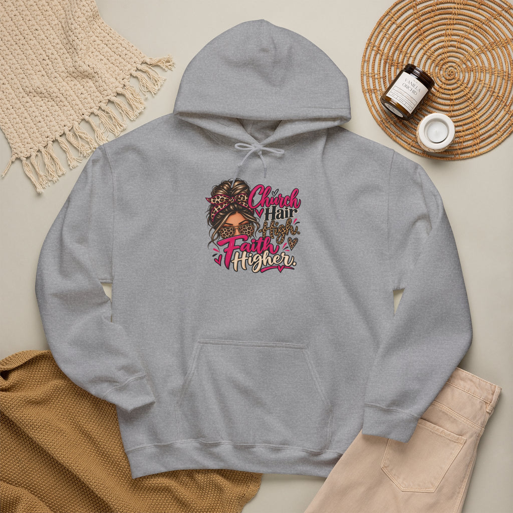 Faith Moves Mountains Hoodie — Messy Bun Girl Leopard Script Faith Apparel