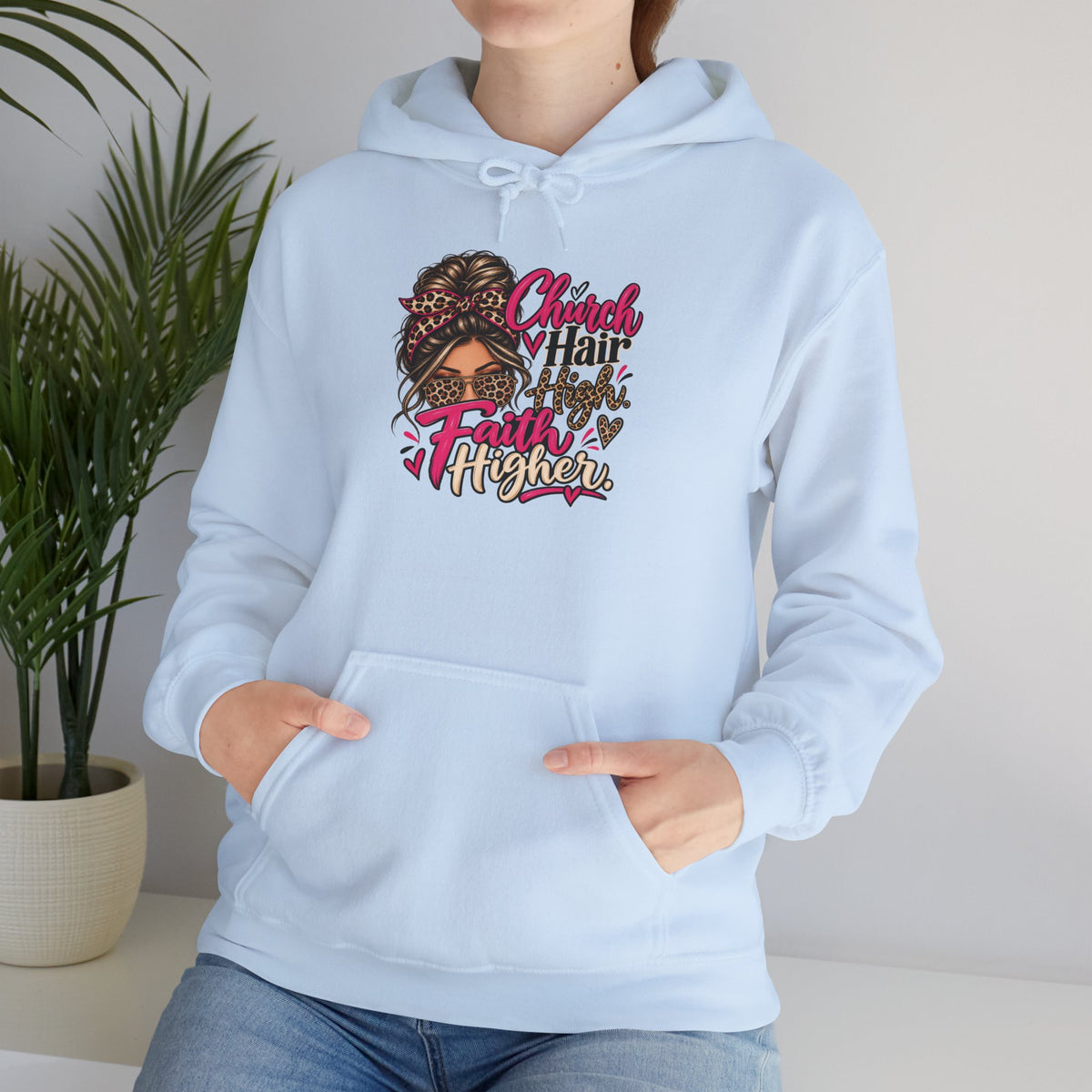 Faith Moves Mountains Hoodie — Messy Bun Girl Leopard Script Faith Apparel