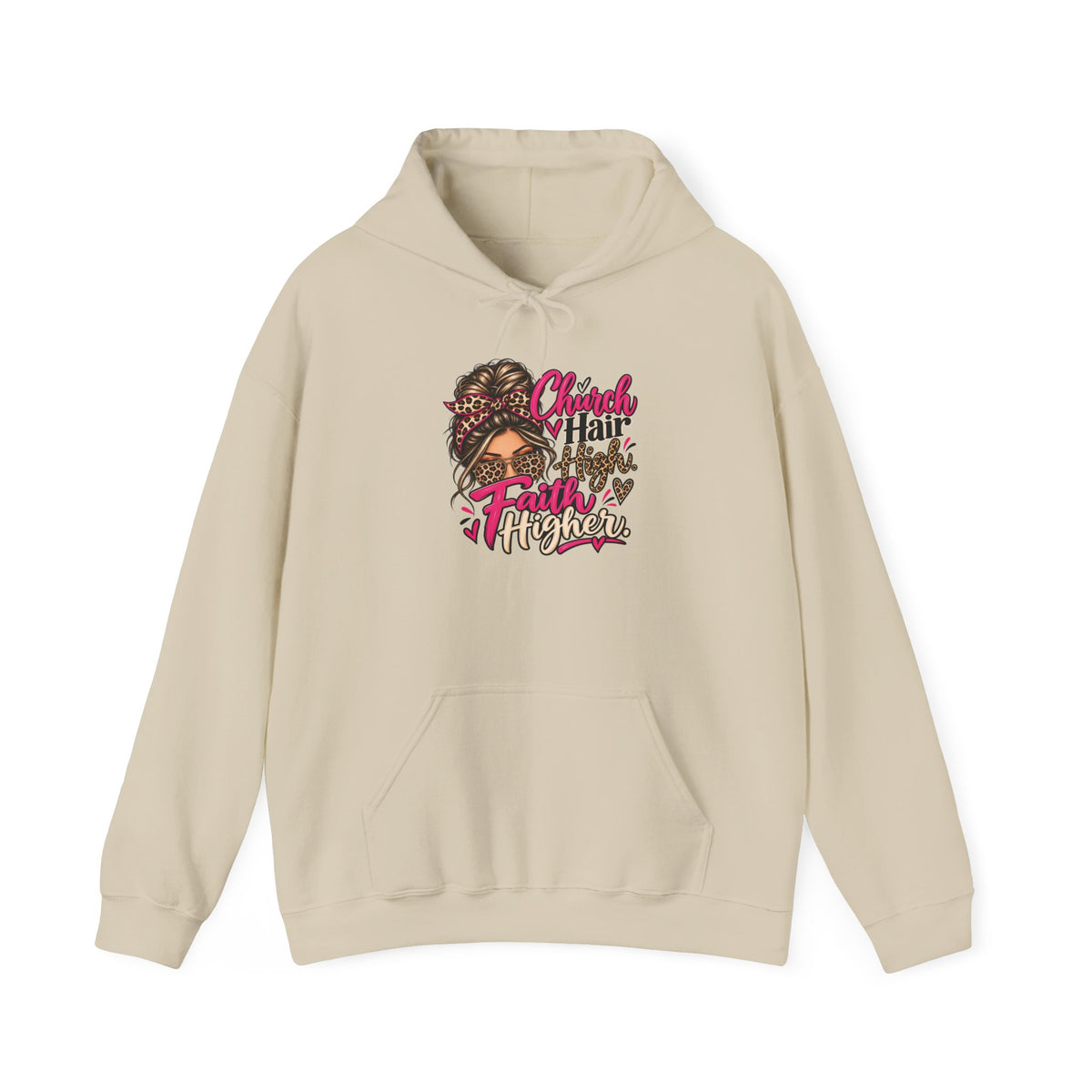 Faith Moves Mountains Hoodie — Messy Bun Girl Leopard Script Faith Apparel
