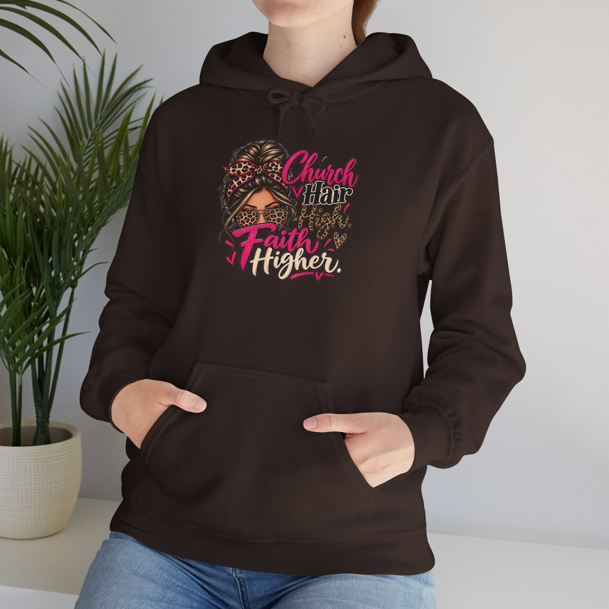 Faith Moves Mountains Hoodie — Messy Bun Girl Leopard Script Faith Apparel