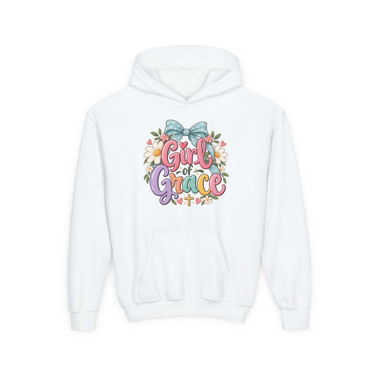 Girl of Grace Youth Hoodie — Floral Bow Christian Sweatshirt for Kids