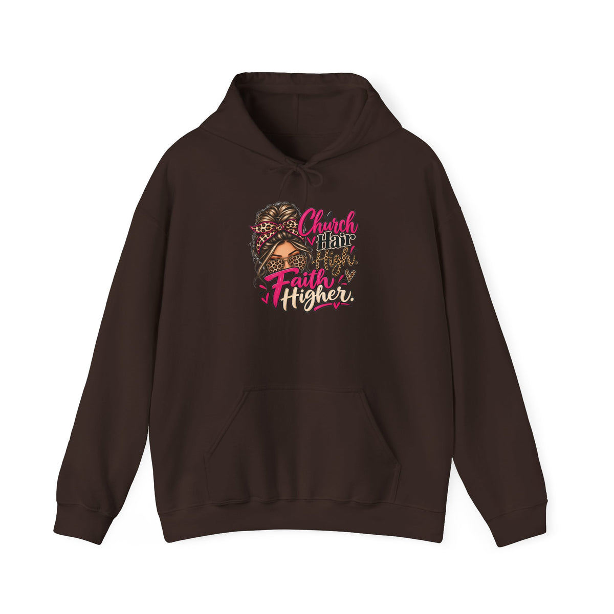Faith Moves Mountains Hoodie — Messy Bun Girl Leopard Script Faith Apparel