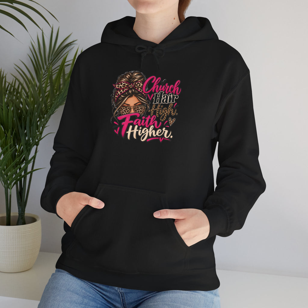 Faith Moves Mountains Hoodie — Messy Bun Girl Leopard Script Faith Apparel