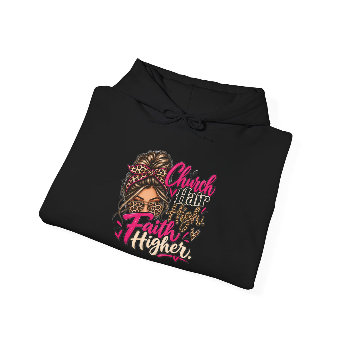 Faith Moves Mountains Hoodie — Messy Bun Girl Leopard Script Faith Apparel