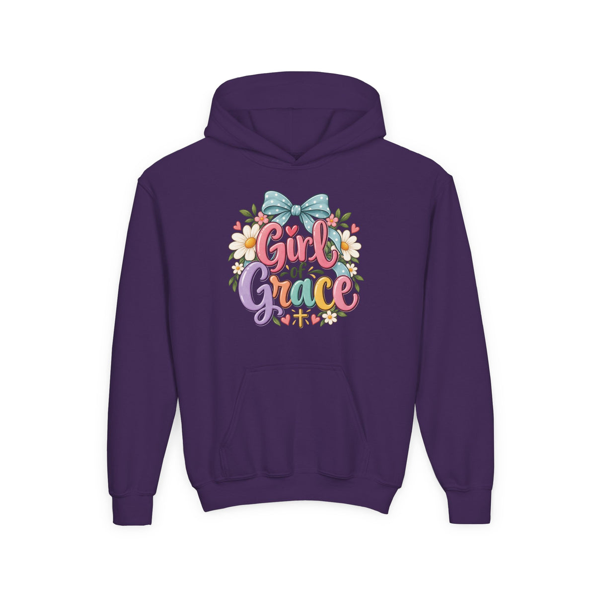 Girl of Grace Youth Hoodie — Floral Bow Christian Sweatshirt for Kids