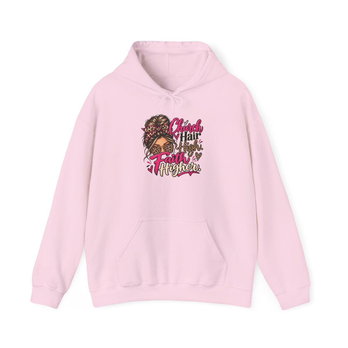 Faith Moves Mountains Hoodie — Messy Bun Girl Leopard Script Faith Apparel