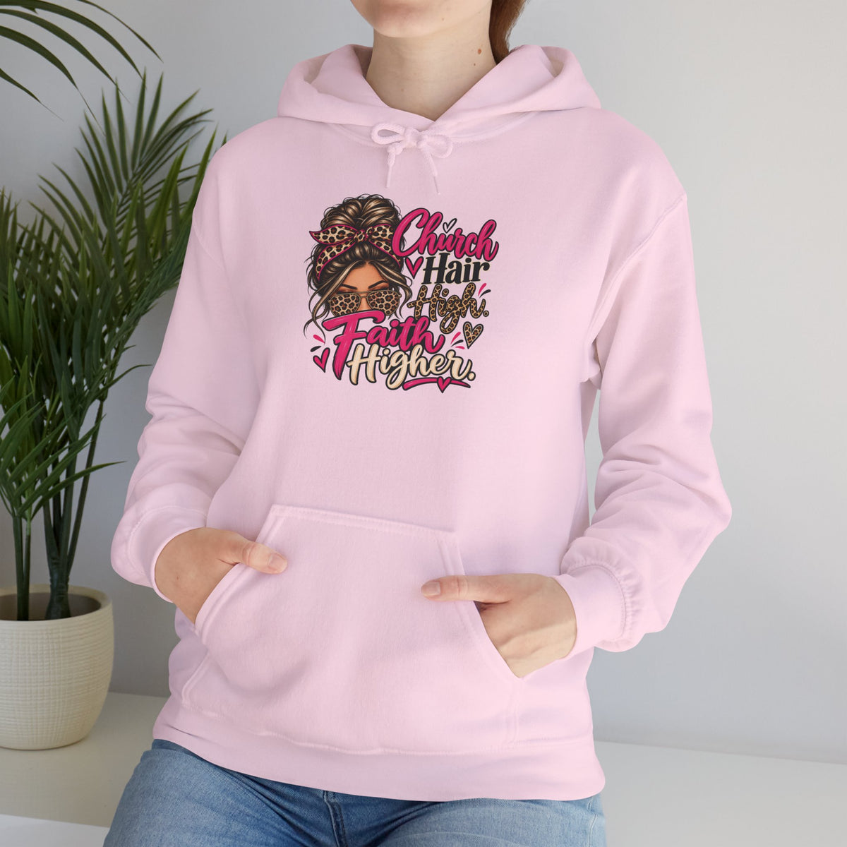 Faith Moves Mountains Hoodie — Messy Bun Girl Leopard Script Faith Apparel