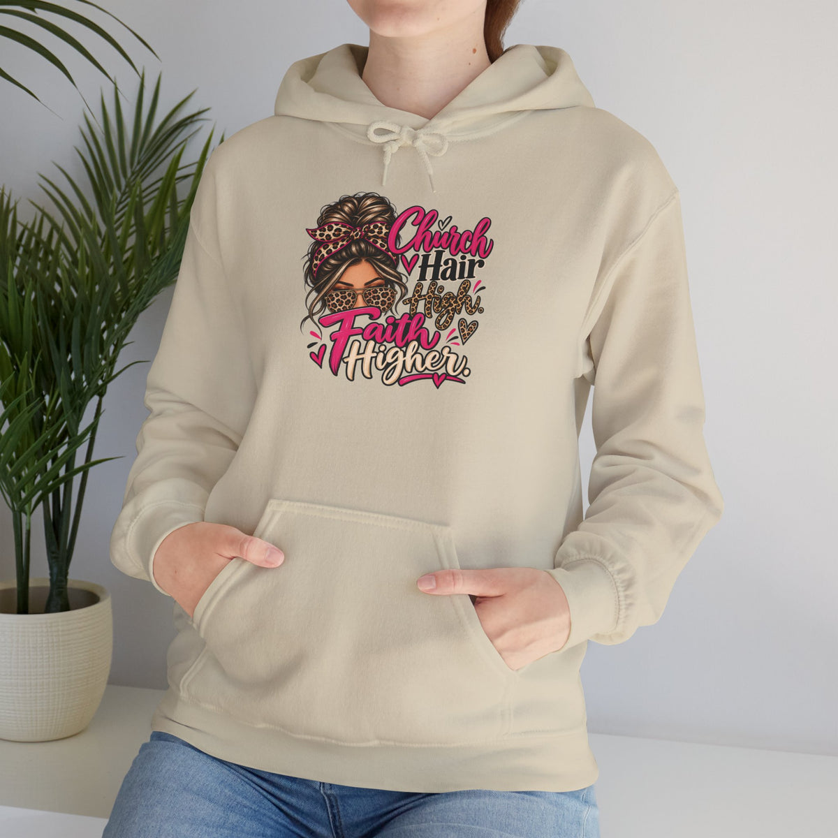 Faith Moves Mountains Hoodie — Messy Bun Girl Leopard Script Faith Apparel
