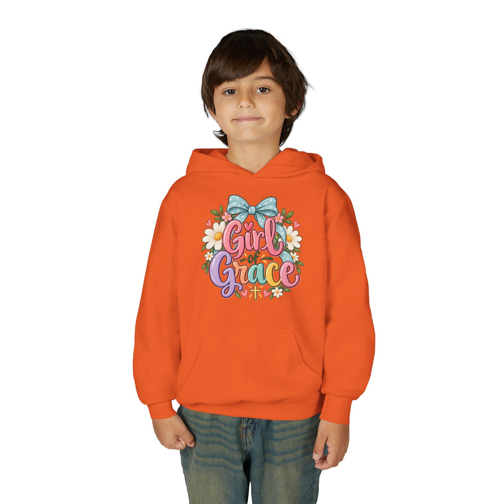 Girl of Grace Youth Hoodie — Floral Bow Christian Sweatshirt for Kids