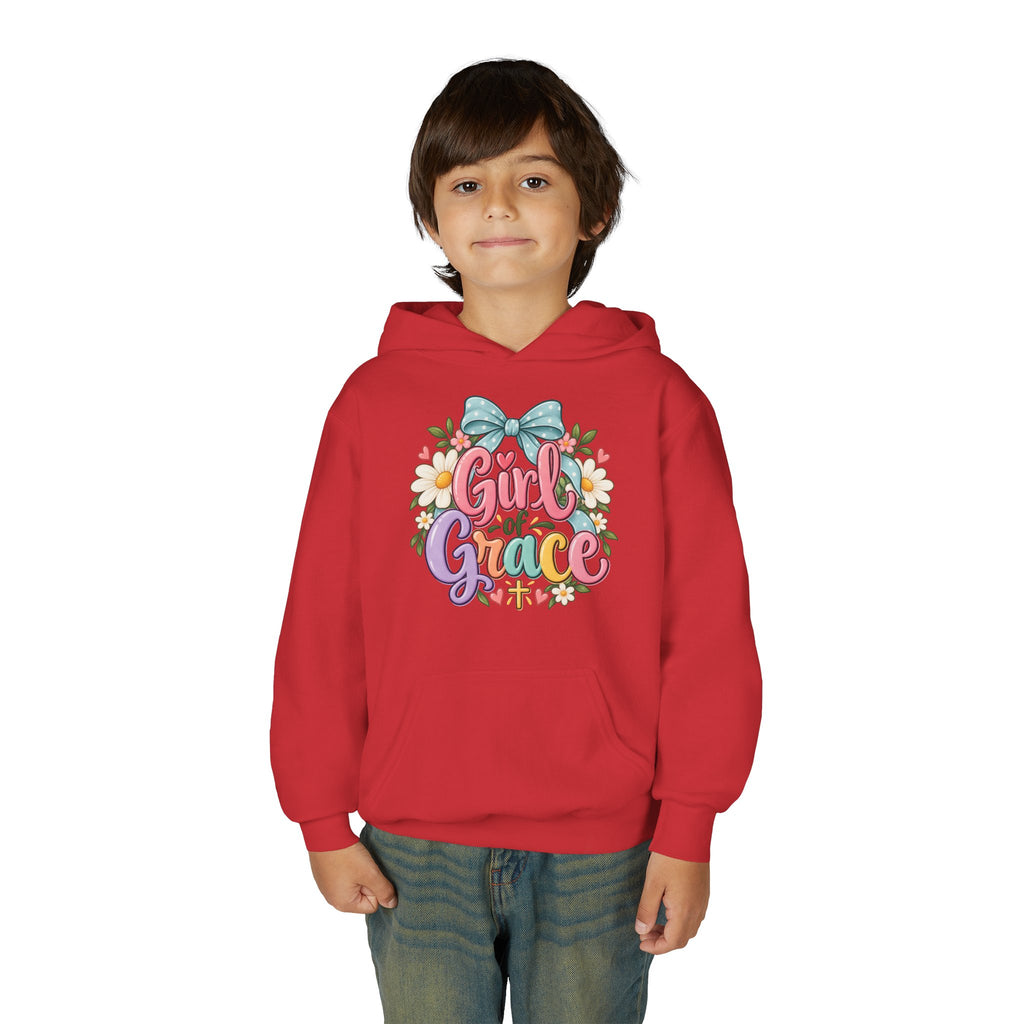 Girl of Grace Youth Hoodie — Floral Bow Christian Sweatshirt for Kids