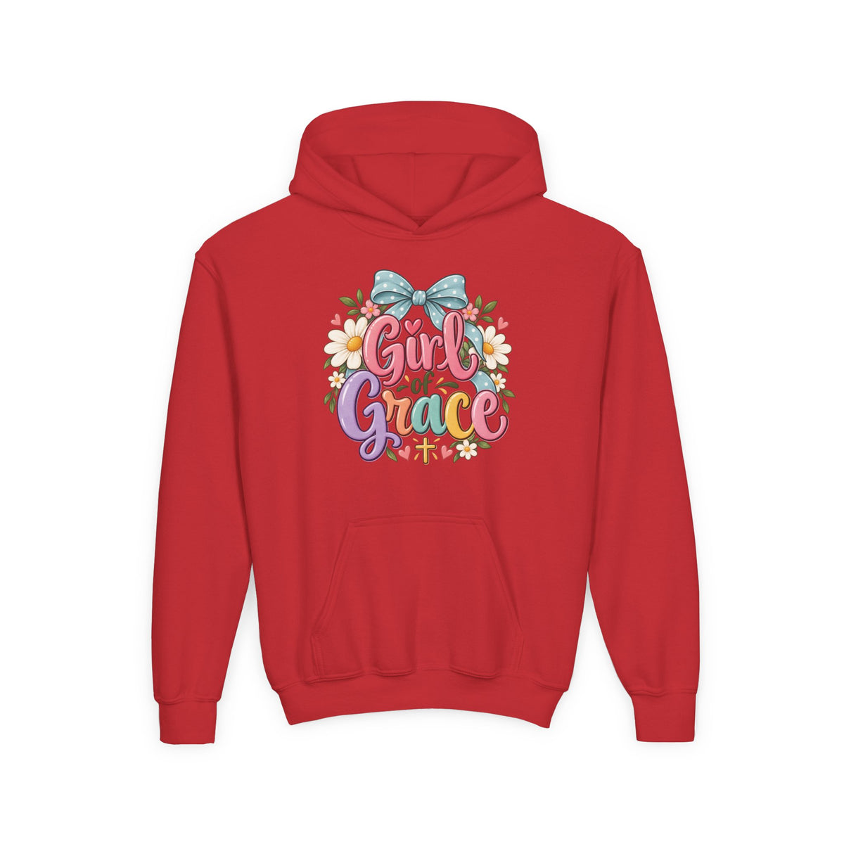 Girl of Grace Youth Hoodie — Floral Bow Christian Sweatshirt for Kids