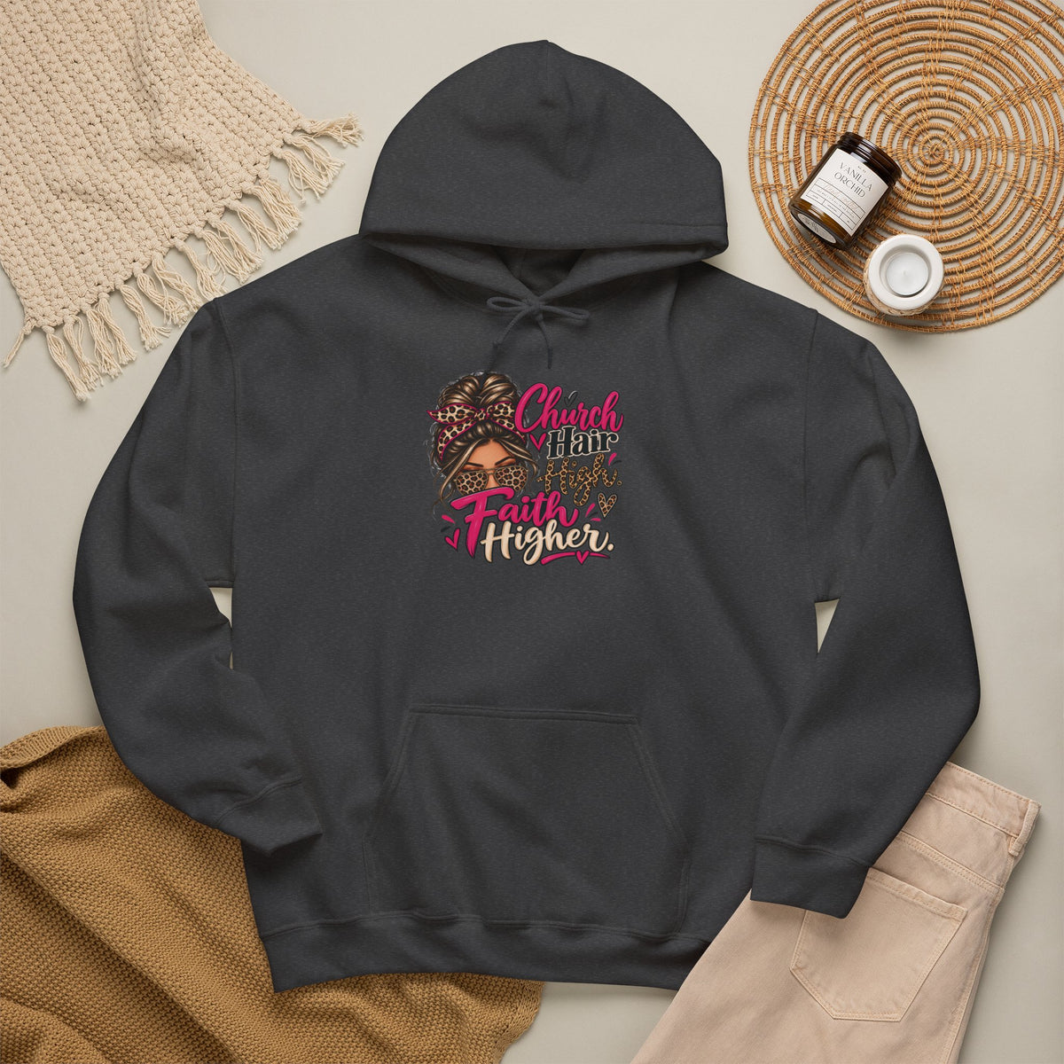 Faith Moves Mountains Hoodie — Messy Bun Girl Leopard Script Faith Apparel