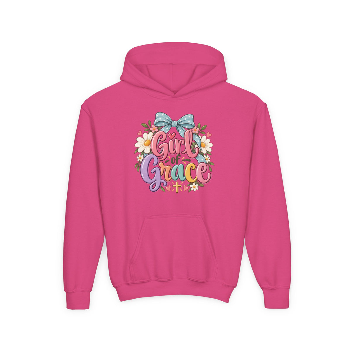 Girl of Grace Youth Hoodie — Floral Bow Christian Sweatshirt for Kids
