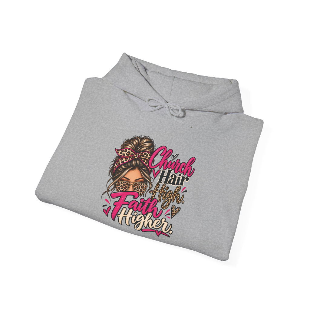 Faith Moves Mountains Hoodie — Messy Bun Girl Leopard Script Faith Apparel