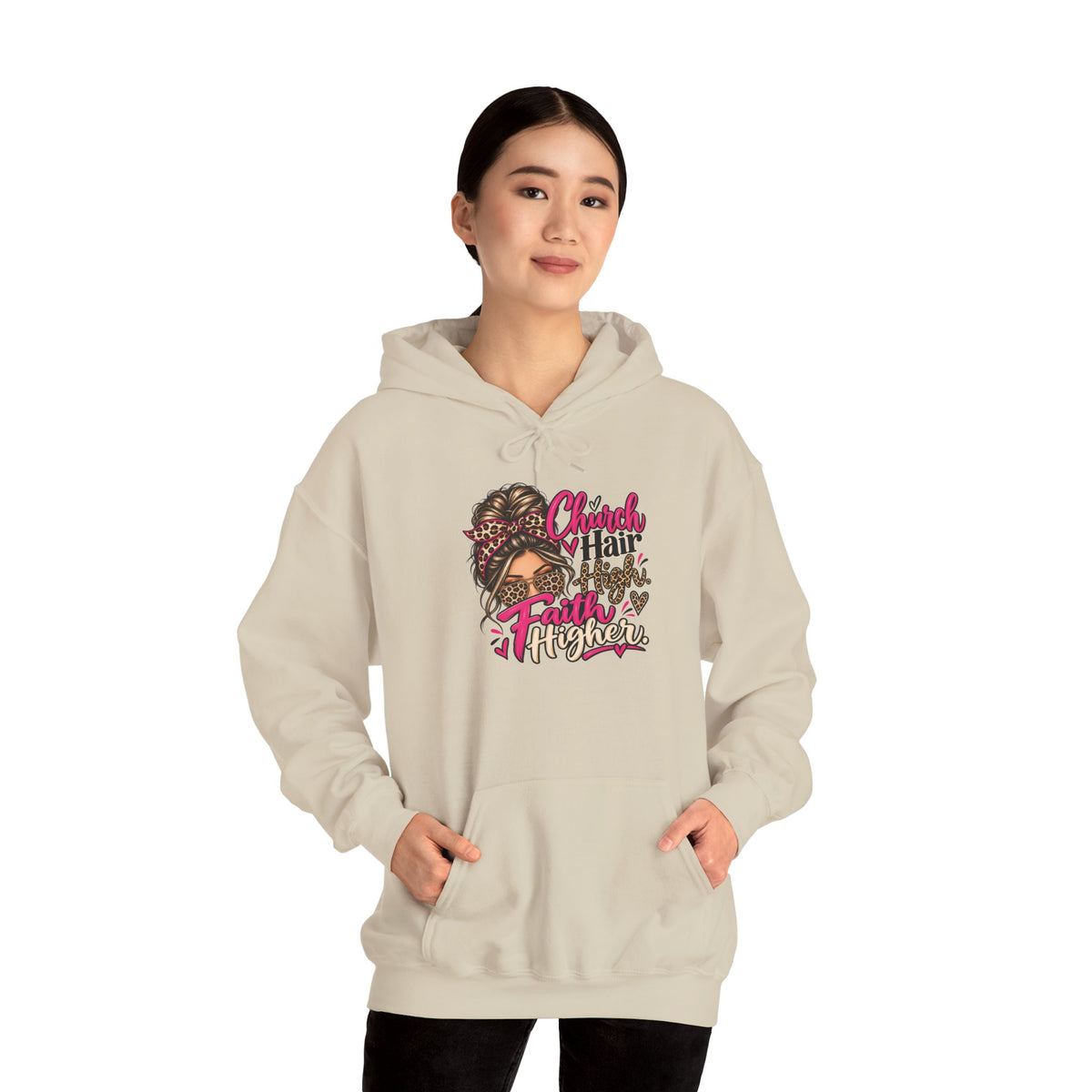 Faith Moves Mountains Hoodie — Messy Bun Girl Leopard Script Faith Apparel