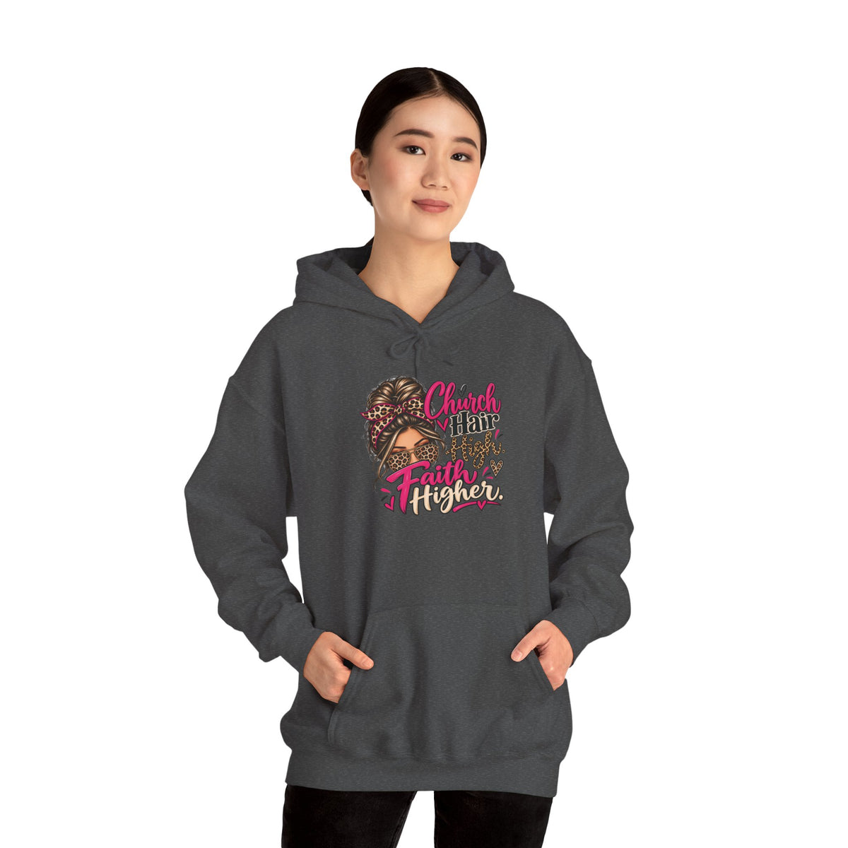 Faith Moves Mountains Hoodie — Messy Bun Girl Leopard Script Faith Apparel
