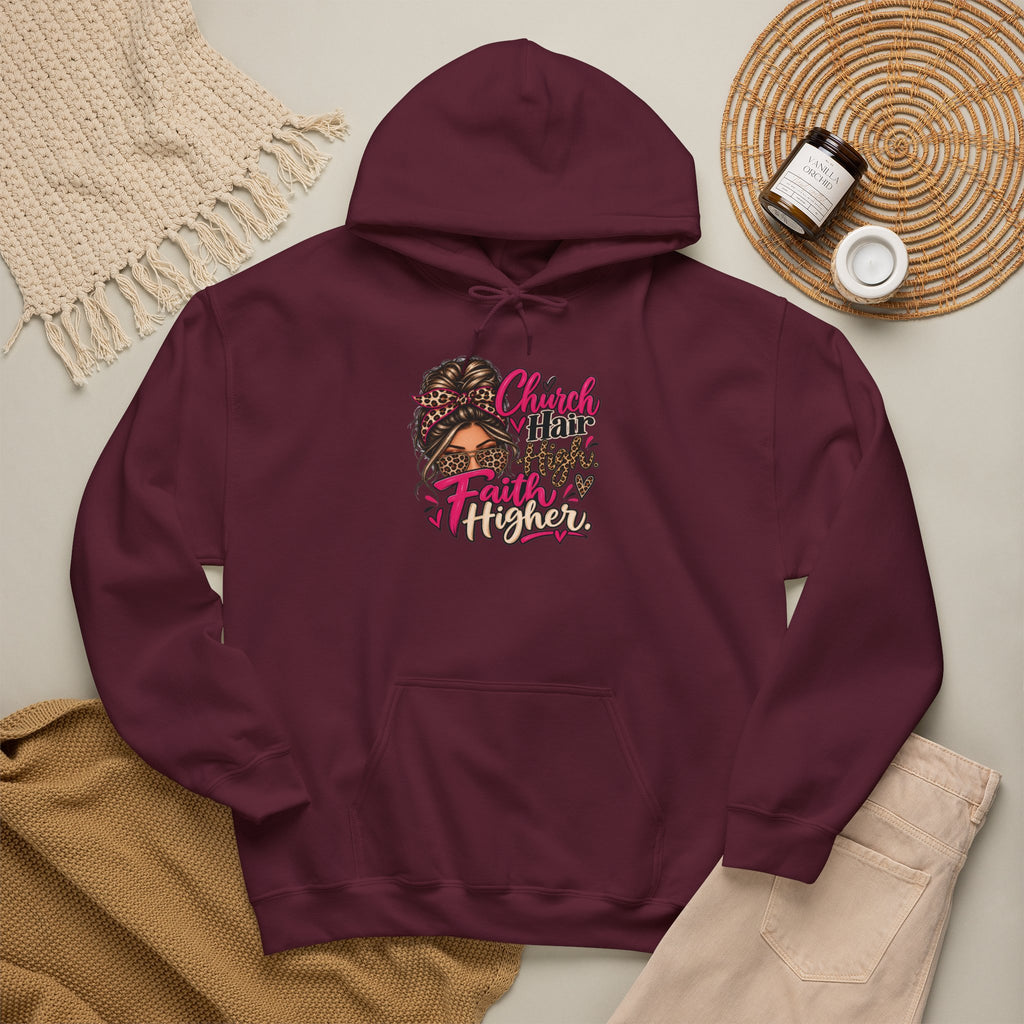 Faith Moves Mountains Hoodie — Messy Bun Girl Leopard Script Faith Apparel