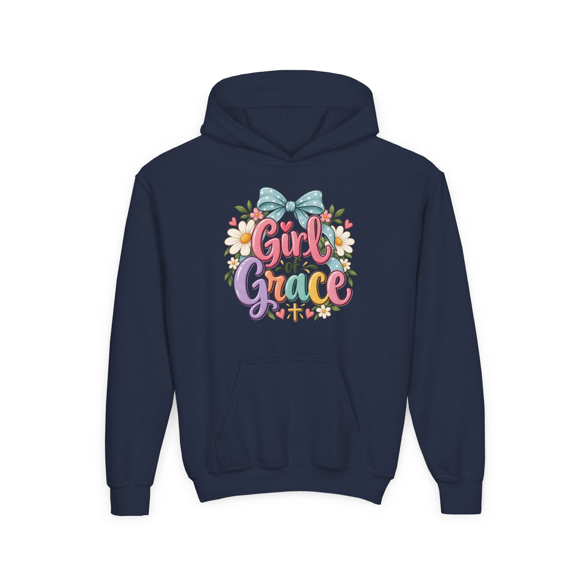 Girl of Grace Youth Hoodie — Floral Bow Christian Sweatshirt for Kids