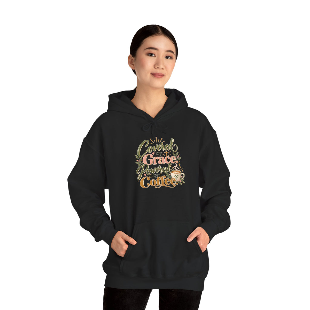 Hoodie — "Covered by Grace, Powered by Coffee" Christian Coffee Lover Sweatshirt