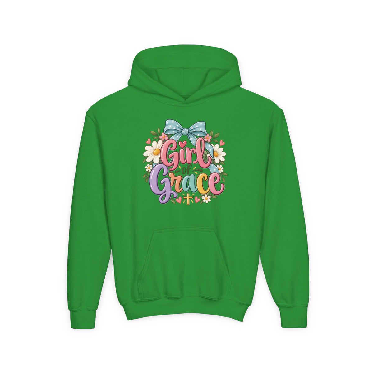 Girl of Grace Youth Hoodie — Floral Bow Christian Sweatshirt for Kids