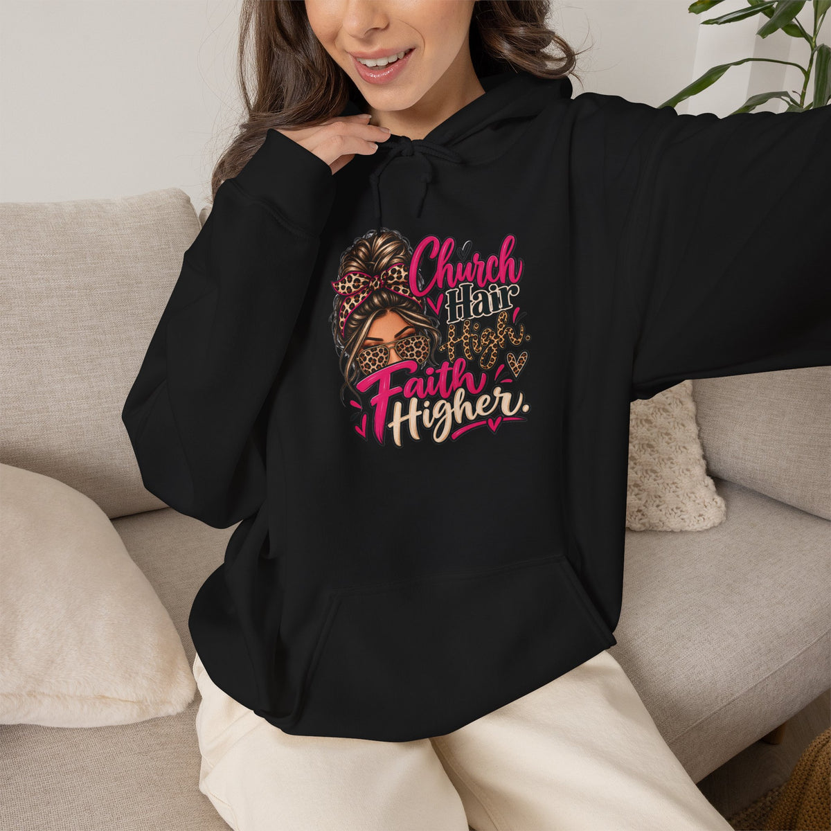 Faith Moves Mountains Hoodie — Messy Bun Girl Leopard Script Faith Apparel