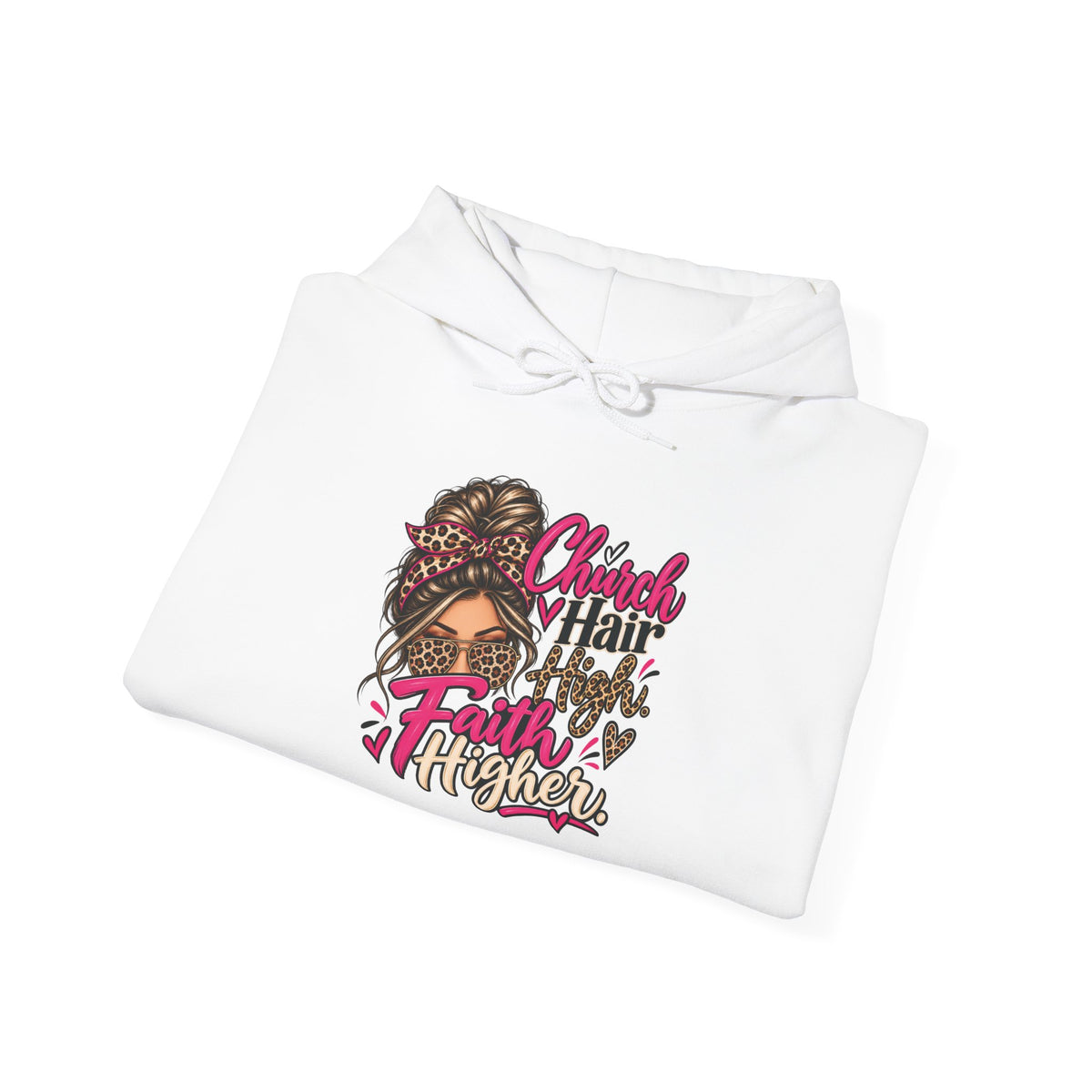 Faith Moves Mountains Hoodie — Messy Bun Girl Leopard Script Faith Apparel