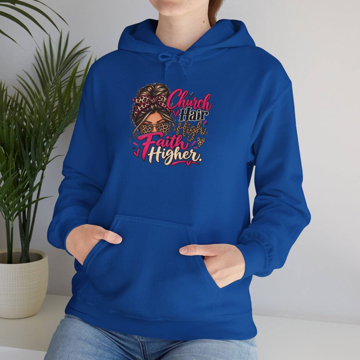 Faith Moves Mountains Hoodie — Messy Bun Girl Leopard Script Faith Apparel