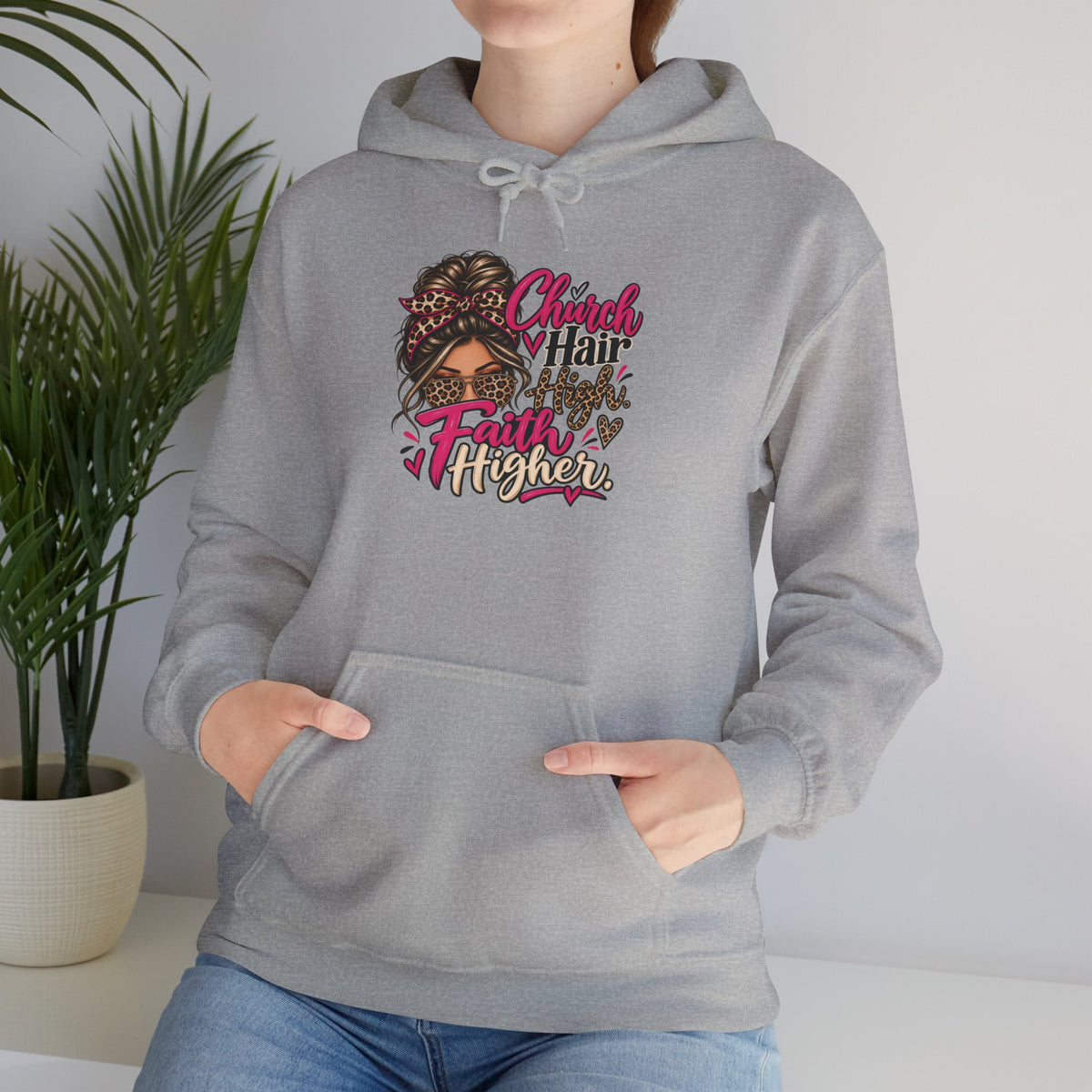 Faith Moves Mountains Hoodie — Messy Bun Girl Leopard Script Faith Apparel