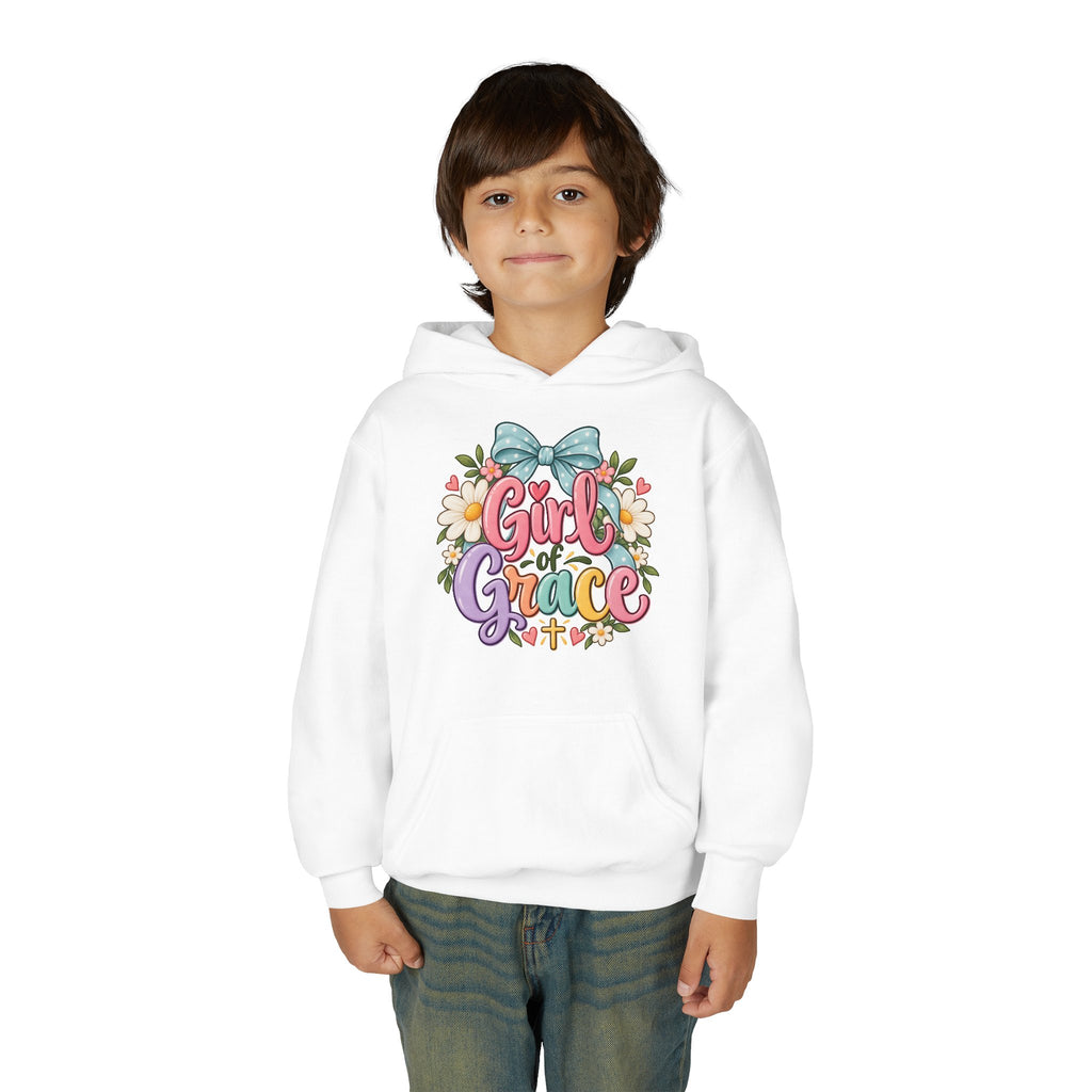 Girl of Grace Youth Hoodie — Floral Bow Christian Sweatshirt for Kids