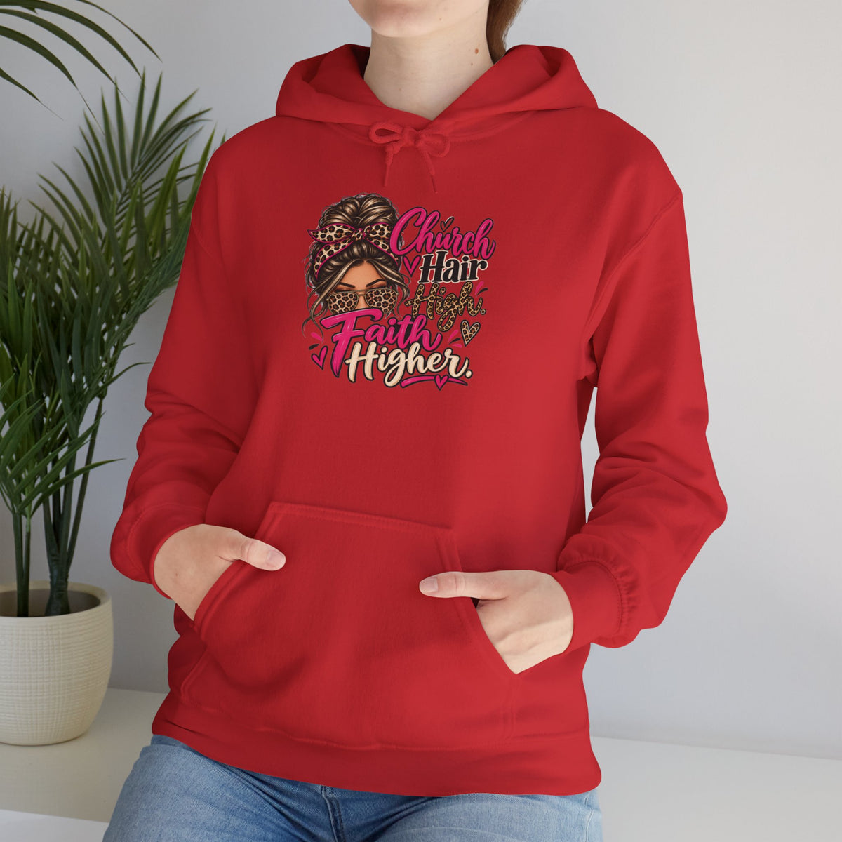 Faith Moves Mountains Hoodie — Messy Bun Girl Leopard Script Faith Apparel