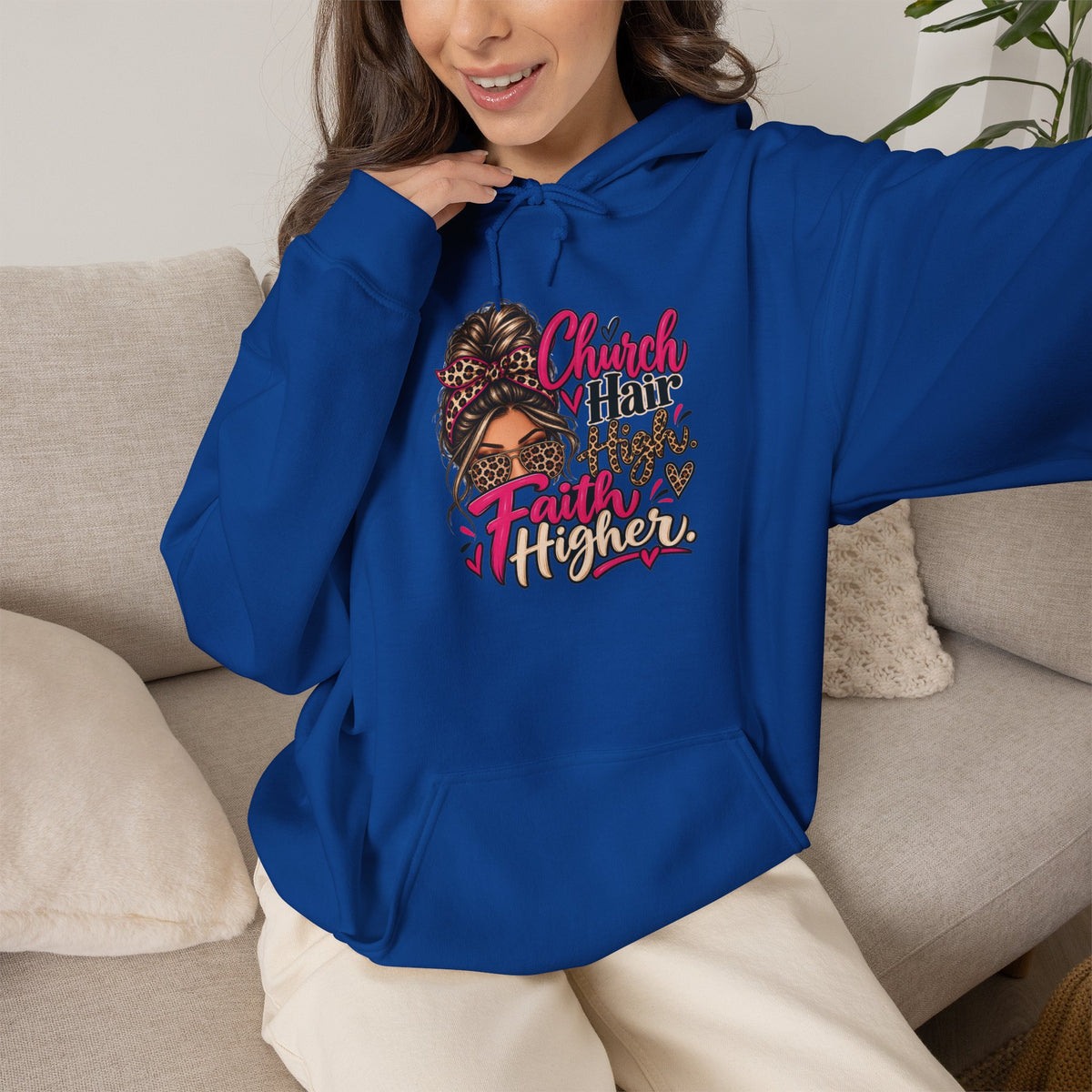 Faith Moves Mountains Hoodie — Messy Bun Girl Leopard Script Faith Apparel