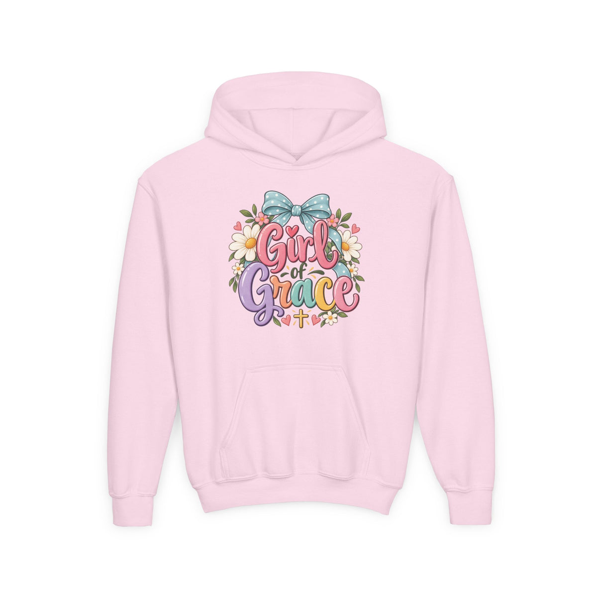 Girl of Grace Youth Hoodie — Floral Bow Christian Sweatshirt for Kids