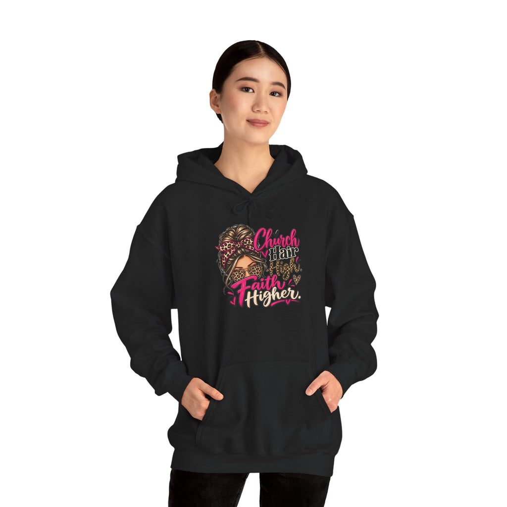 Faith Moves Mountains Hoodie — Messy Bun Girl Leopard Script Faith Apparel