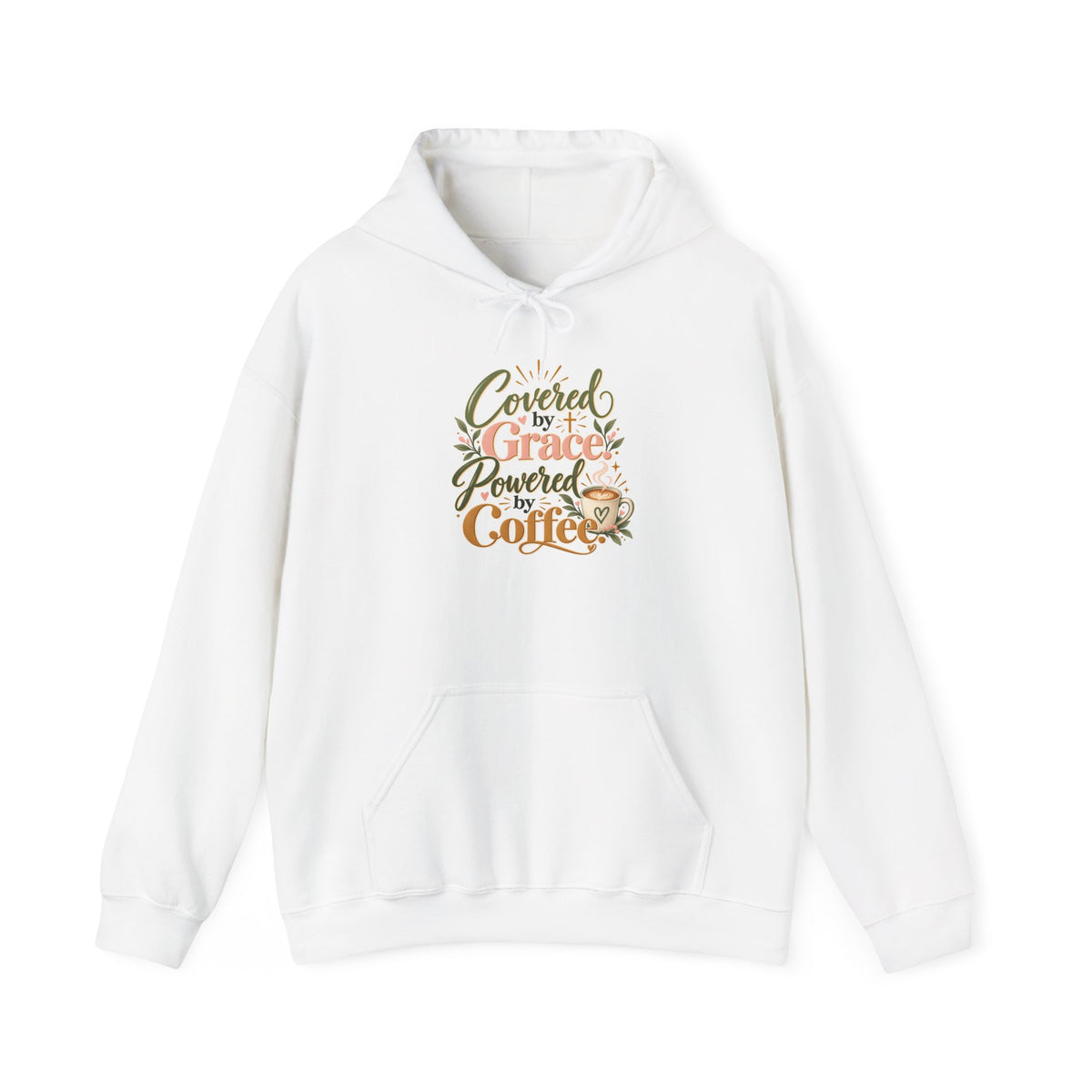 Hoodie — "Covered by Grace, Powered by Coffee" Christian Coffee Lover Sweatshirt