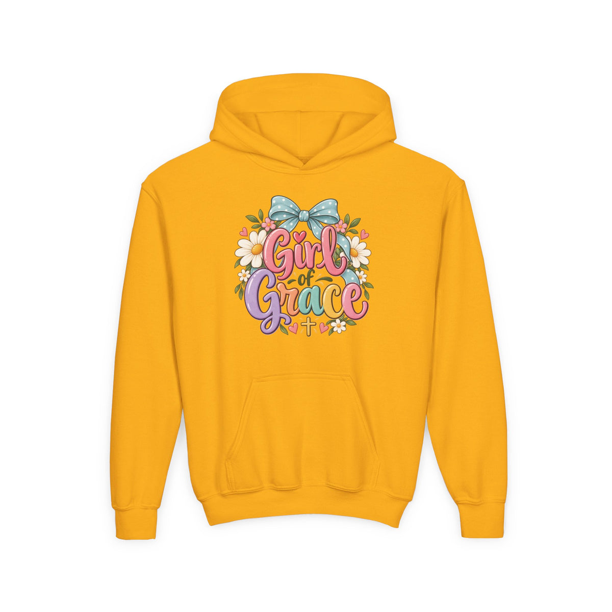 Girl of Grace Youth Hoodie — Floral Bow Christian Sweatshirt for Kids