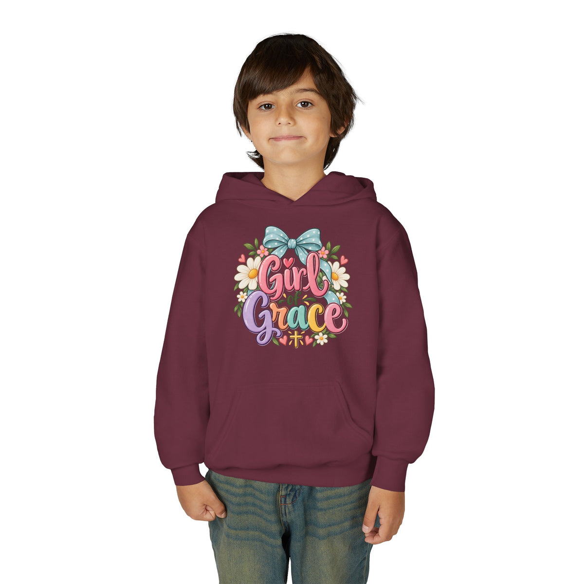 Girl of Grace Youth Hoodie — Floral Bow Christian Sweatshirt for Kids